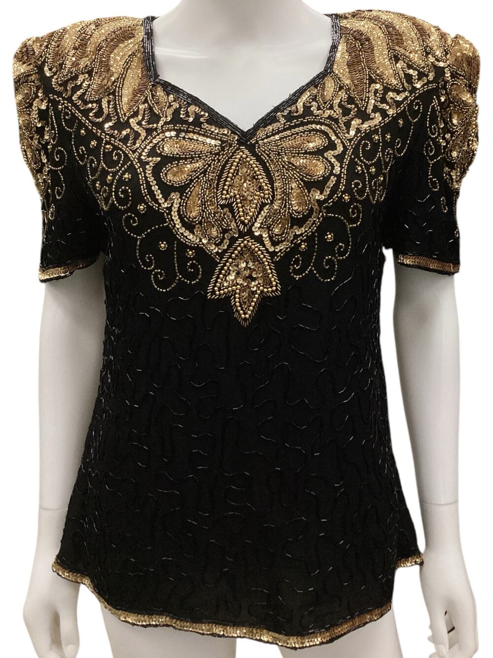 Mark & John VTG Top Women’s Size Medium Beaded Silk and Sequins in Black & Gold